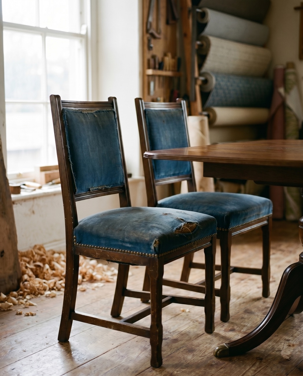 Dining chairs with faded, torn seats before restoration