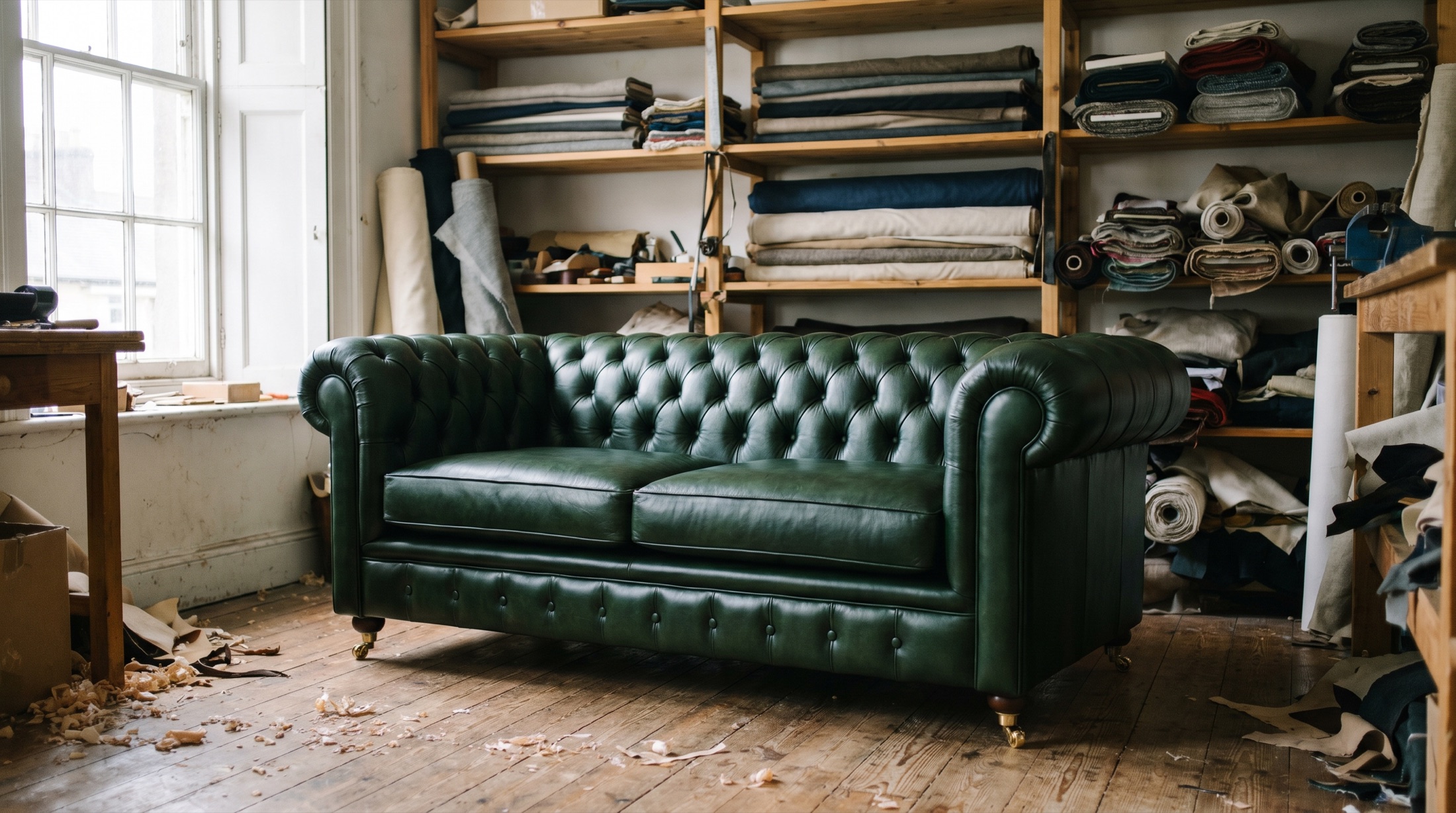 A restored bottle-green leather Chesterfield sofa in the Hartnett Upholstery workshop