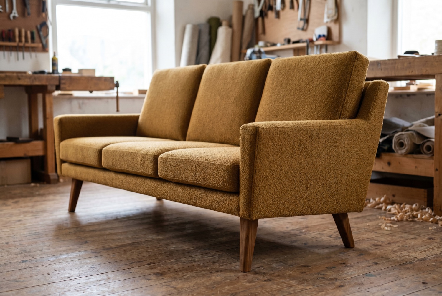 The same mid-century sofa recovered in mustard wool