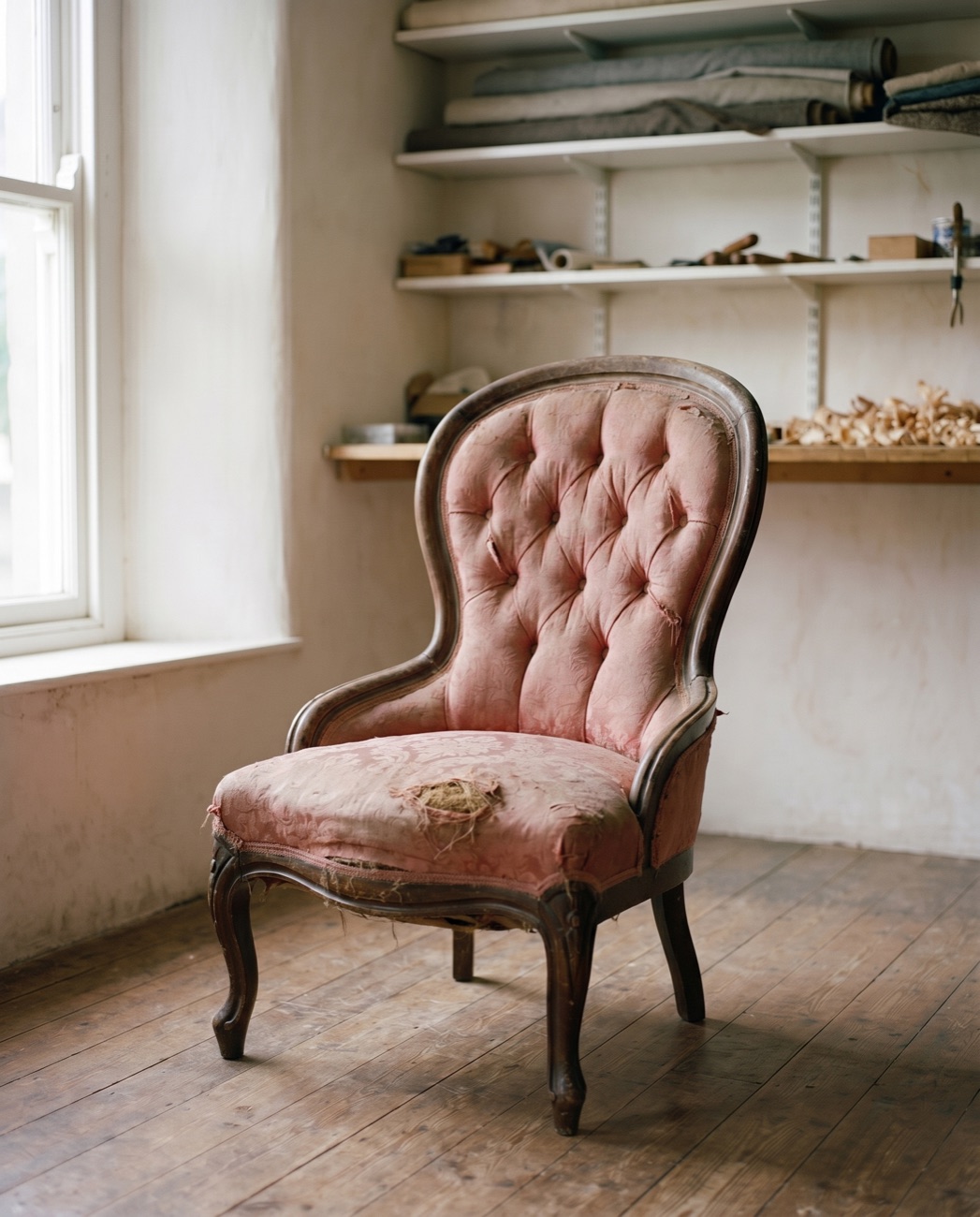 A worn Victorian spoon-back chair before restoration