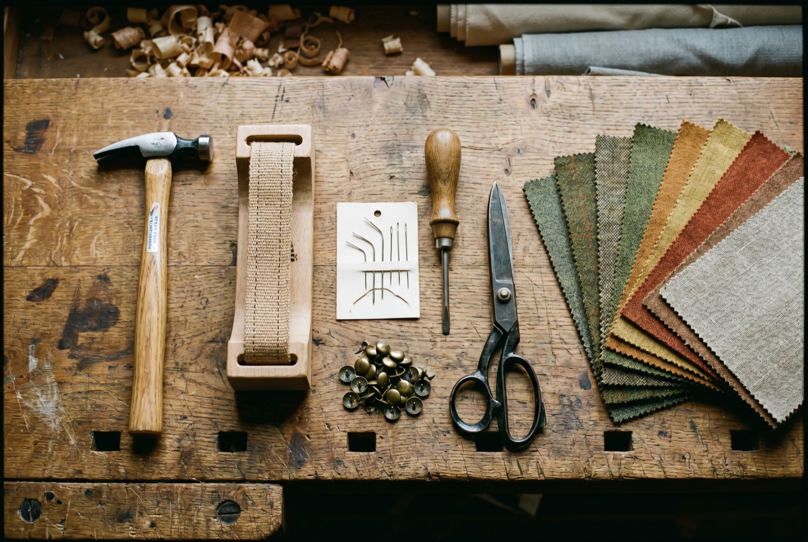 Traditional upholstery tools and fabric swatches laid out on a workbench